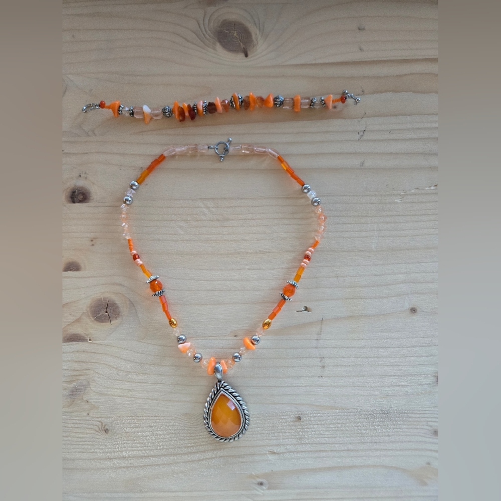 💰4 for $10💰Orange and Silver Women's Necklace and Bracelet Set